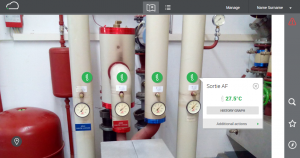 Sensors connected to a multichannel data logger, sensors are placed on a heater image within LoggersMap application.